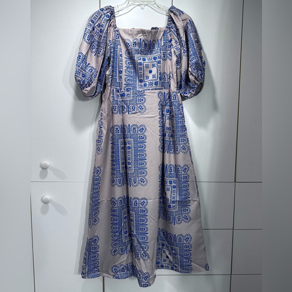 NWT Blue Geo Midi Dress with optional Off The Shoulder